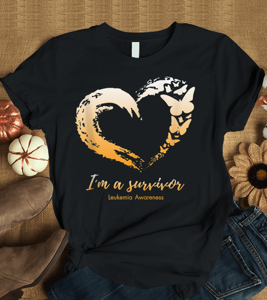 I'm a Survivor Leukemia Awareness Orange Ribbon Heart Butterfly T-Shirt