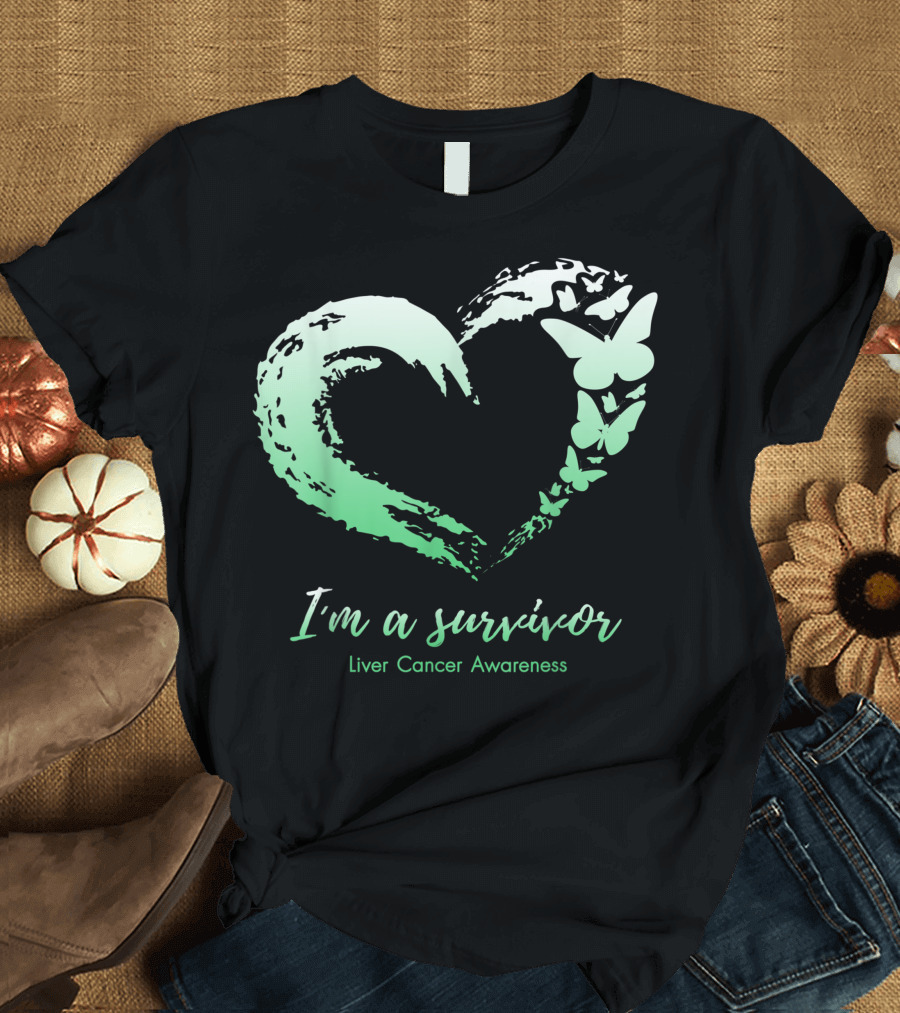 I'm a Survivor Liver Cancer Awareness Heart Butterfly Green T-Shirt