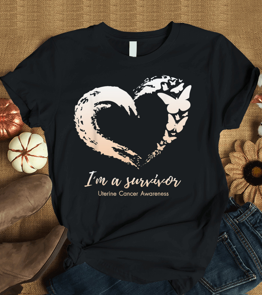 I'm a Survivor Uterine Cancer Awareness Heart with Butterflies T-Shirt