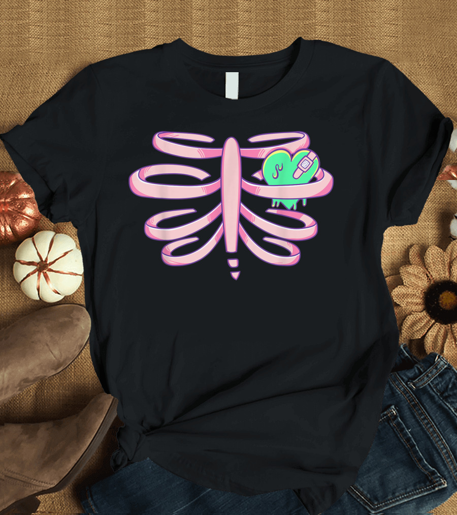 Menhera Pastel Goth Kawaii Ribcage with Heart and Bandage T-Shirt