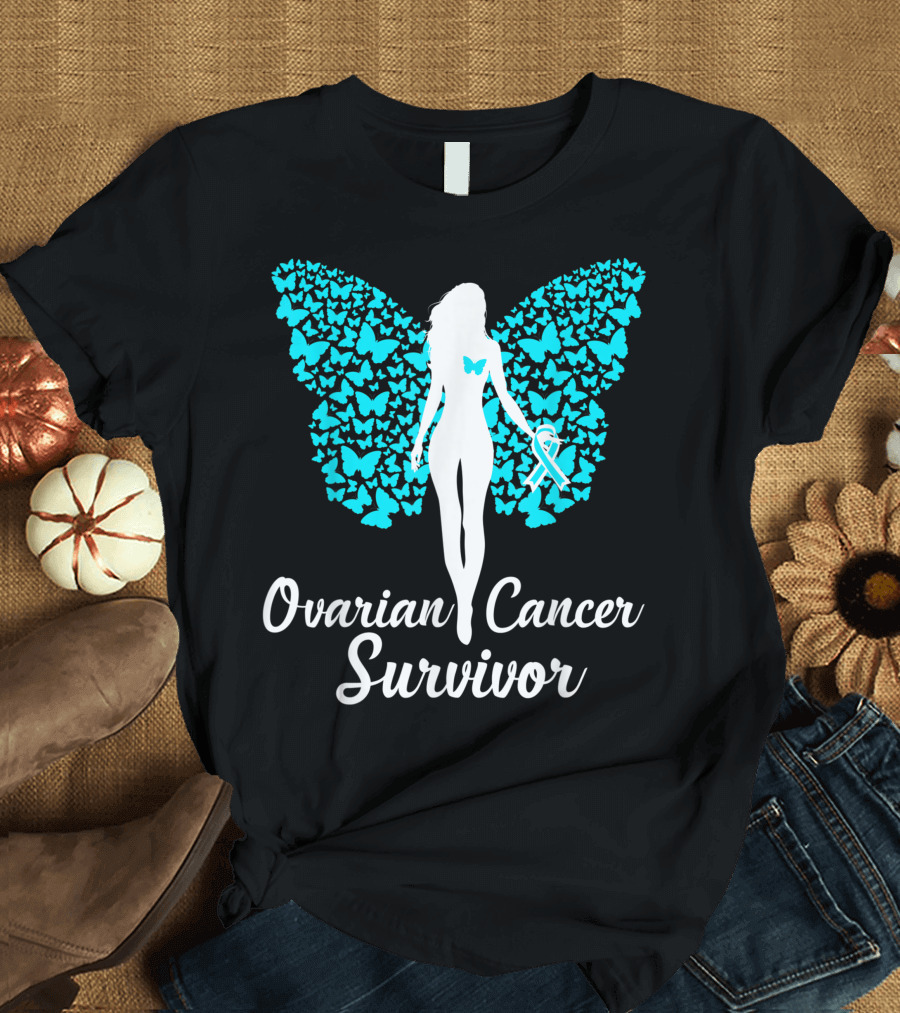 Ovarian Cancer Survivor Butterfly Ribbon Awareness Teal T-Shirt