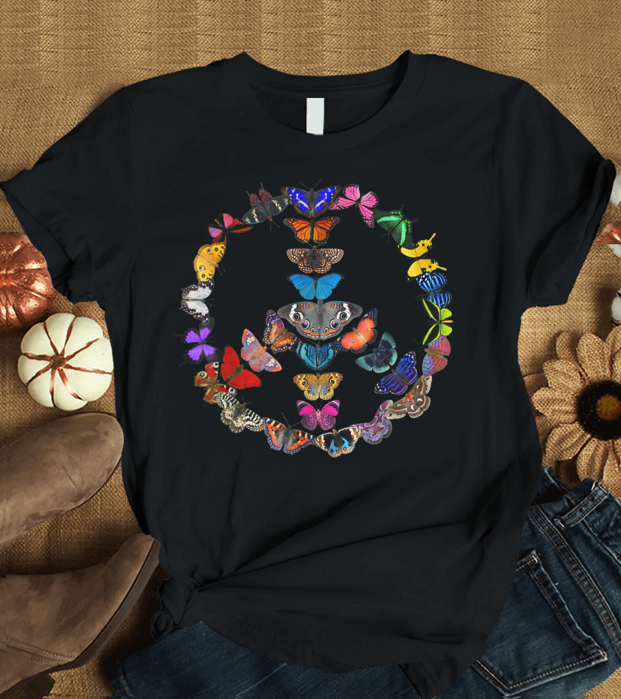 Peace Sign Made of Colorful Butterflies 60s 70s T-Shirt