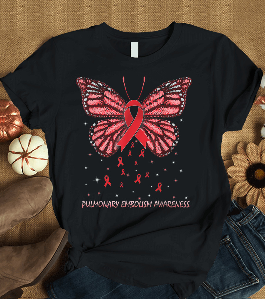 Pulmonary Embolism Awareness Red Ribbon Butterfly T-Shirt