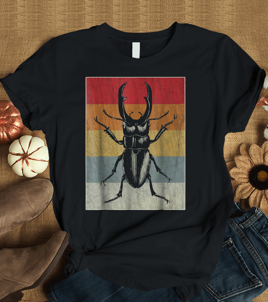 Retro Stag Beetle Rainbow Stripes Vintage Cool T-Shirt