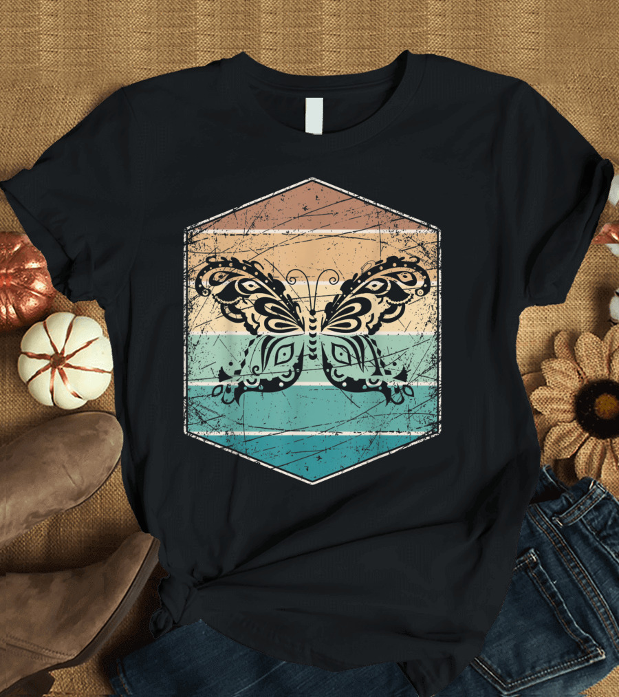 Retro Butterfly Vintage Striped Aesthetic T-Shirt