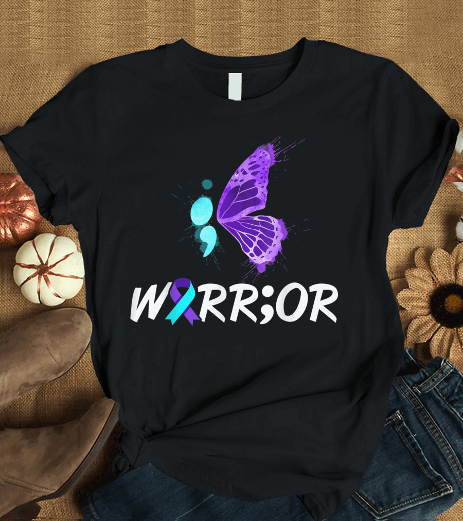 Warrior Semicolon Butterfly Teal Purple Ribbon Suicide Prevention Awareness T-Shirt