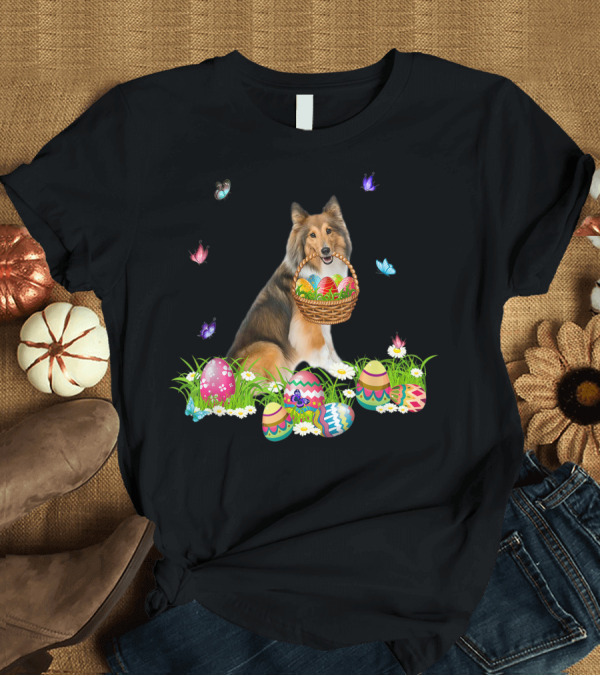 T-Shirt: Sheltie Bunny Dog with Easter Eggs Basket and Butterflies T-Shirt Sheltie Bunny Dog with Easter Eggs Basket and Butterflies T-Shirt