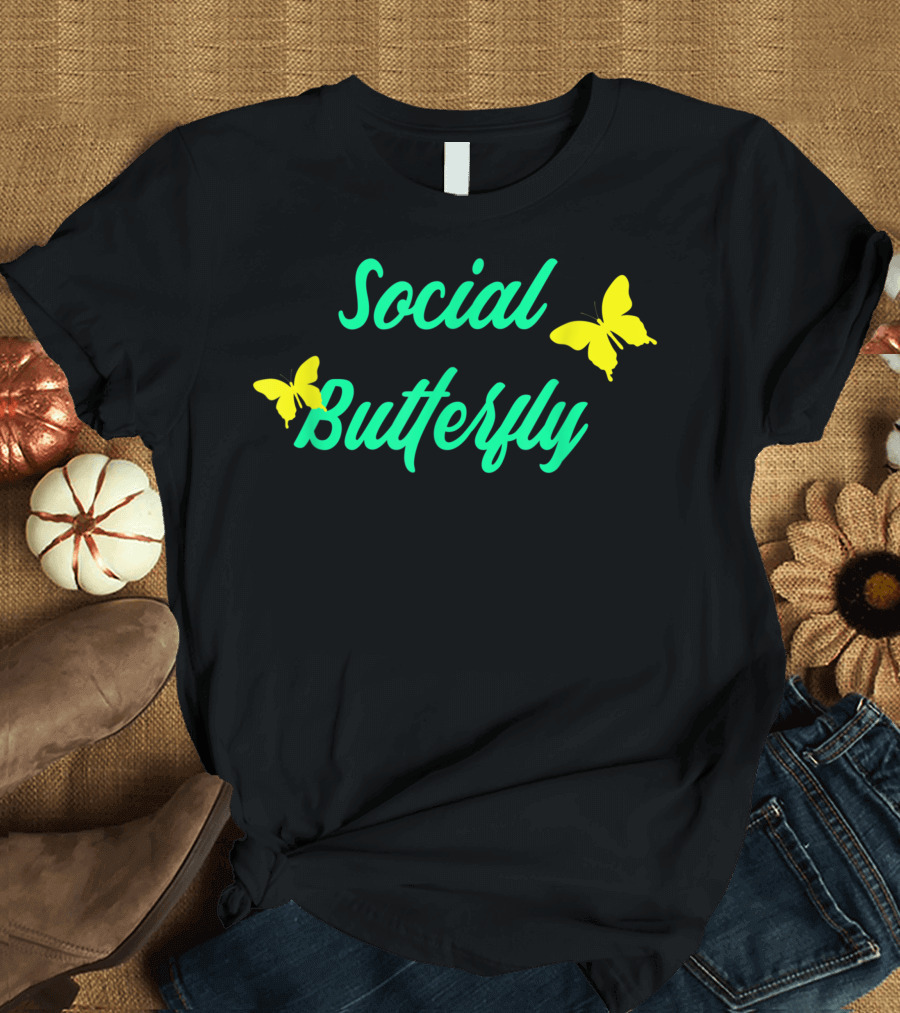 Social Butterfly Costume for Extroverts with Yellow Butterfly Graphics T-Shirt