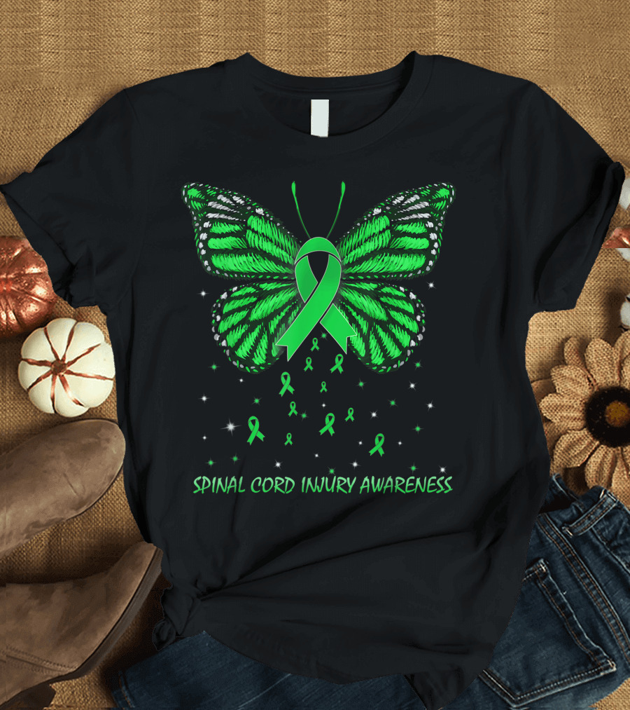Spinal Cord Injury Awareness Green Ribbon Butterfly T-Shirt