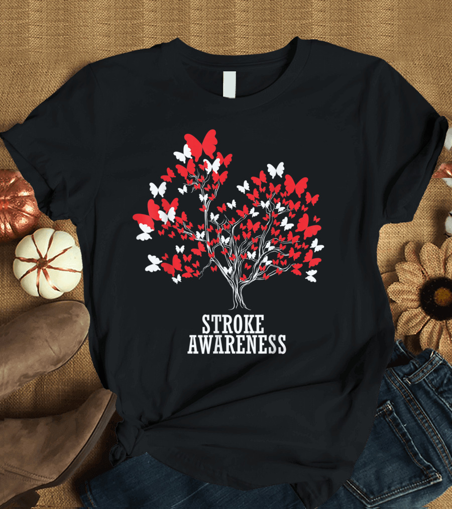 Stroke Awareness Red Butterflies Tree Symbol Month T-Shirt