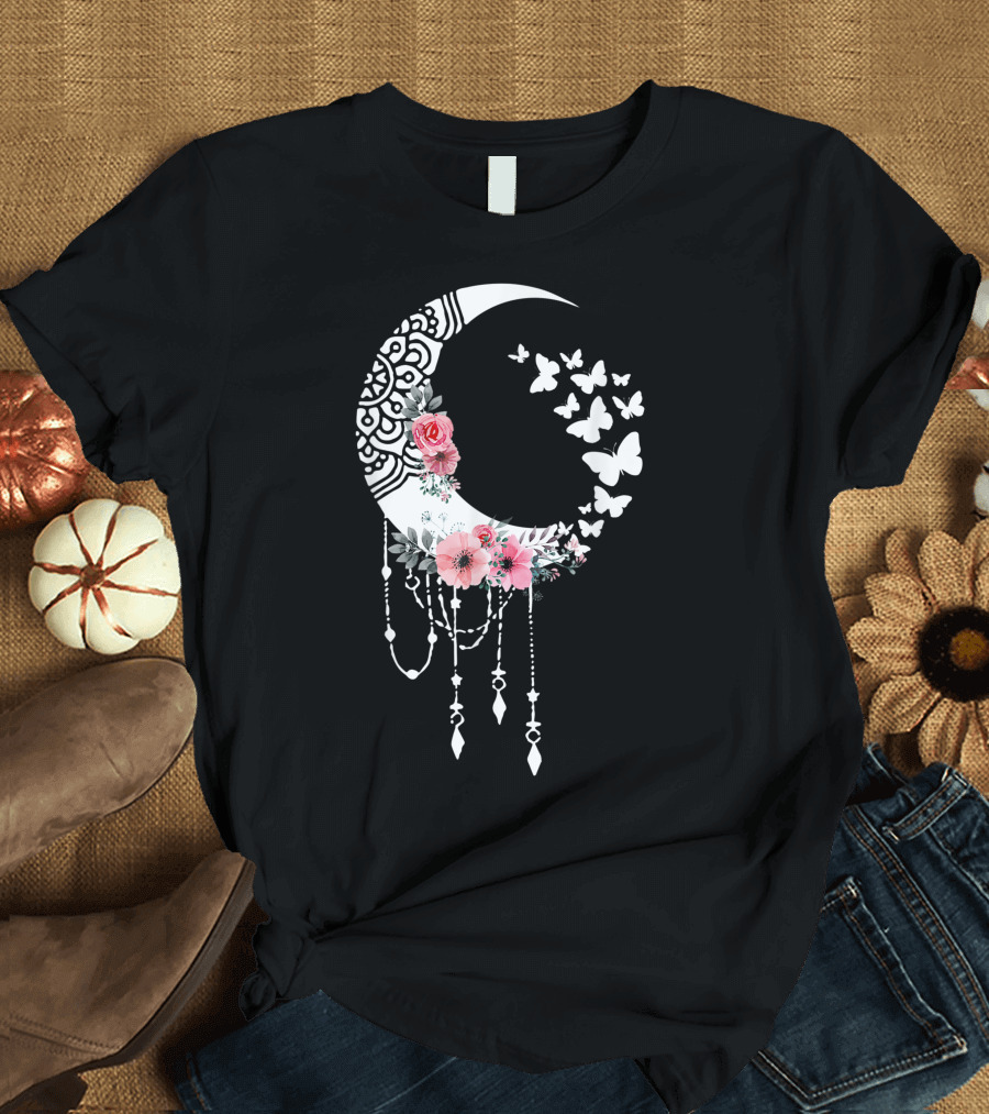 Floral Moon with Butterflies and Hippie Style Mandala T-Shirt