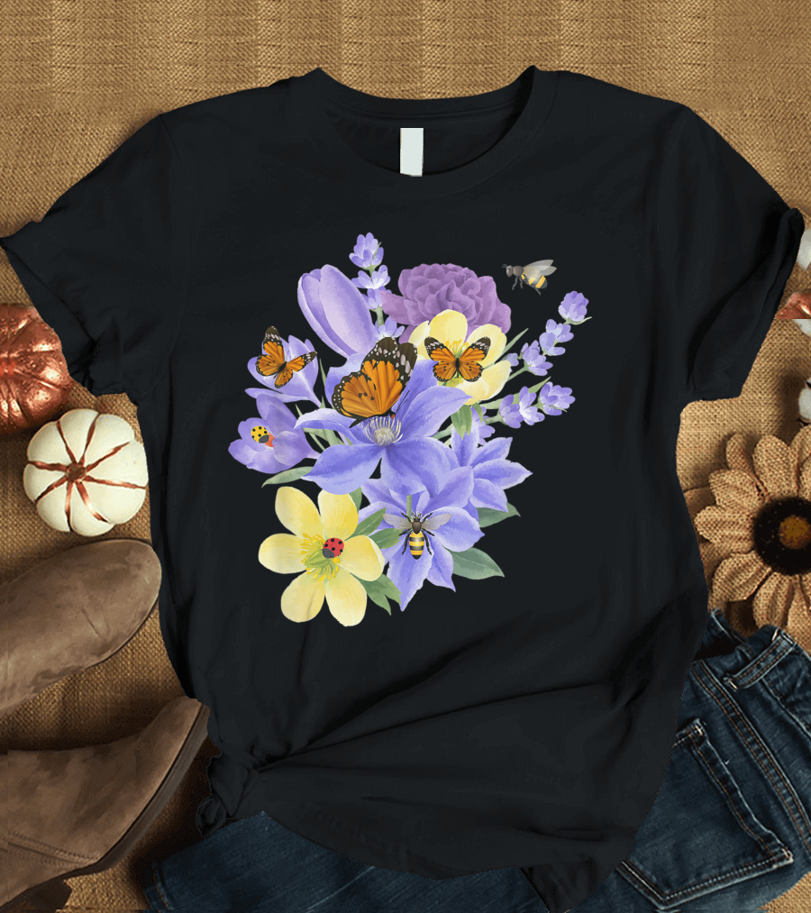 Vintage Monarch Butterfly with Botanical Flower Plant Arrangement T-Shirt