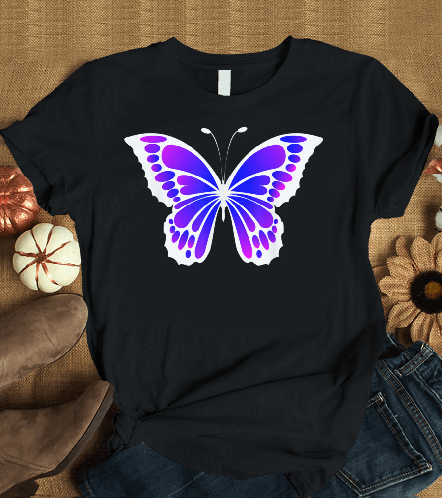 White Blue Purple Butterfly Pattern Wings T-Shirt