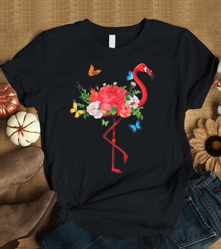 Flamingo Flowers Butterflies Summer Blooming Flamingos T-Shirt
