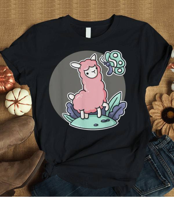 T-Shirt: Pink Alpaca Llama with Butterfly Nature Lover Trendy T-Shirt Pink Alpaca Llama with Butterfly Nature Lover Trendy T-Shirt