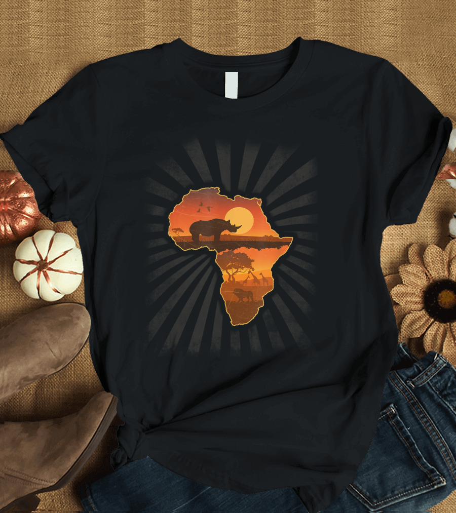 African Wildlife Safari Sunset Rhinoceros Silhouette in Africa Map T-Shirt