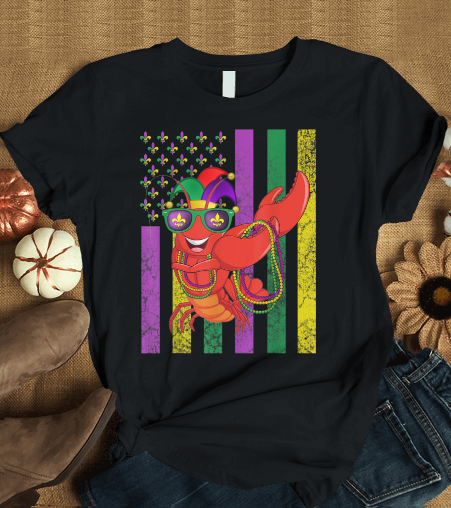 American Flag Mardi Gras Crawfish Dabbing Fleur-de-lis Beads Jester Hat Sunglasses Stripes T-Shirt