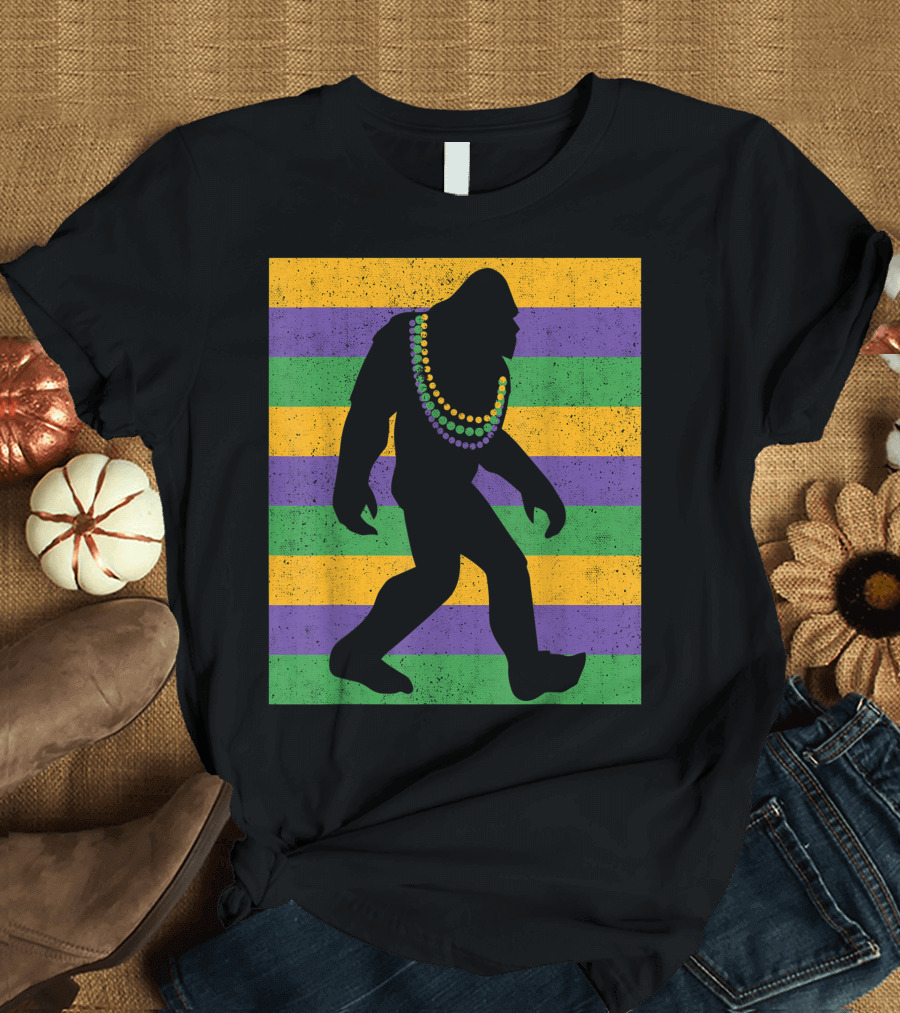 Bigfoot Mardi Gras Sasquatch with Beads and Stripes T-Shirt
