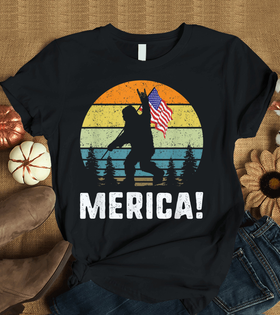 Merica Bigfoot Rock And Roll Usa Flag Forest Sasquatch T-Shirt