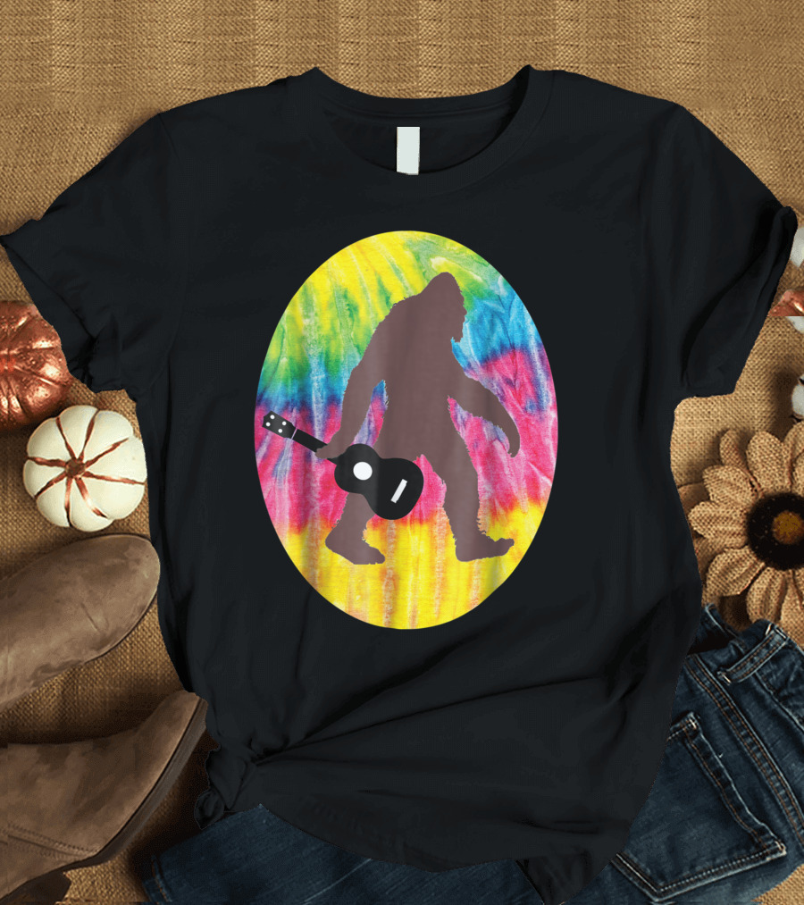 Bigfoot Tie Dyed Hippie Sasquatch Playing Guitar T-Shirt
