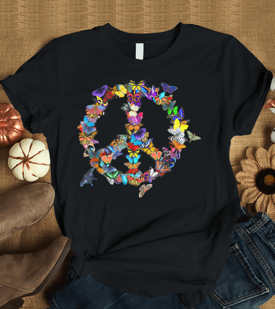 Butterfly Peace Sign 60S 70S Colorful Butterflies Hippie Retro T-Shirt