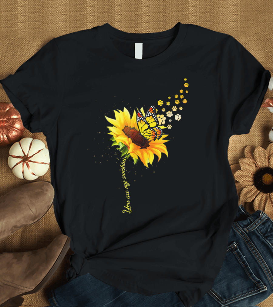 Butterfly and Paw Print Blooms with Sunflower You Are My Sunshine M9 T-Shirt