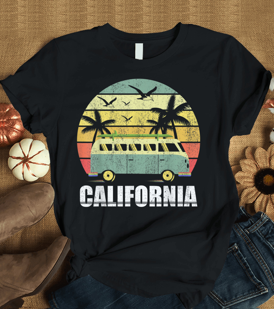 California Vintage Van Surfing with Palm Trees and Sunset T-Shirt