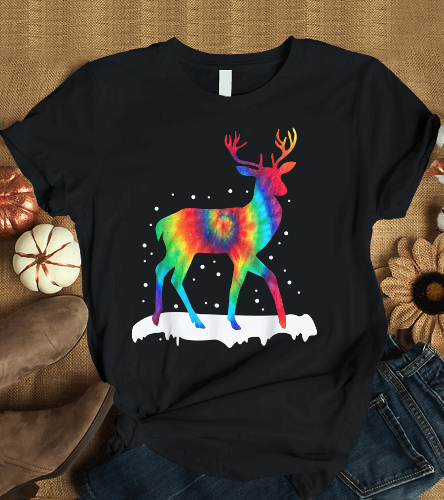 Christmas Rainbow Tie Dye Reindeer with Snowflakes T-Shirt
