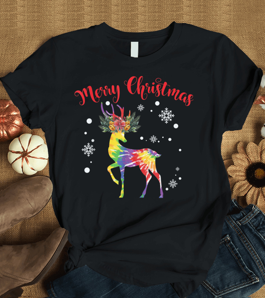 Merry Christmas Tie Dye Reindeer with Snowflakes T-Shirt