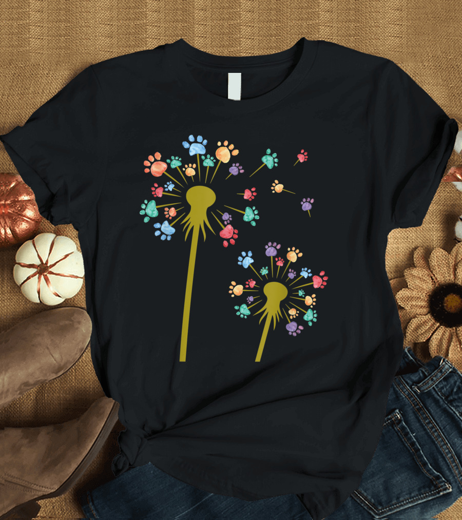 Colored Dog Paw Dandelion Flower Explosion T-Shirt