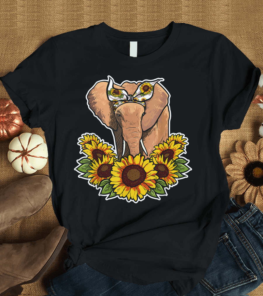 Cute Sunflower Decor Elephant with Bow Surrounded by Sunflowers T-Shirt