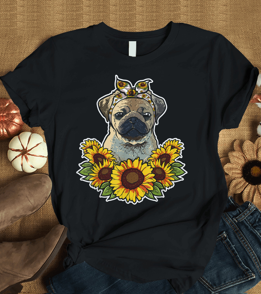 Cute Pug Surrounded by Sunflower Decor with Bandana T-Shirt