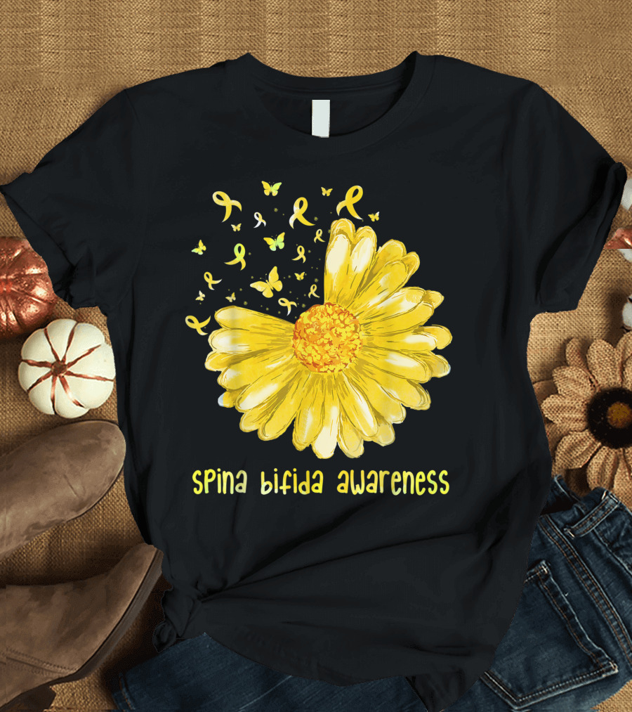 Daisy Butterfly Yellow Ribbon Spina Bifida Awareness Flower T-Shirt