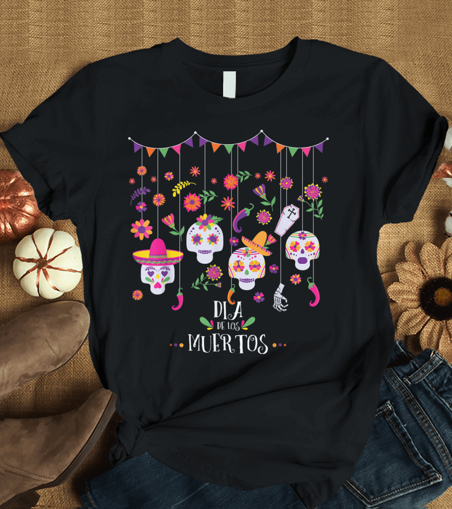 Dia De Los Muertos Hanging Skulls and Flowers with Sombrero and Coffin T-Shirt