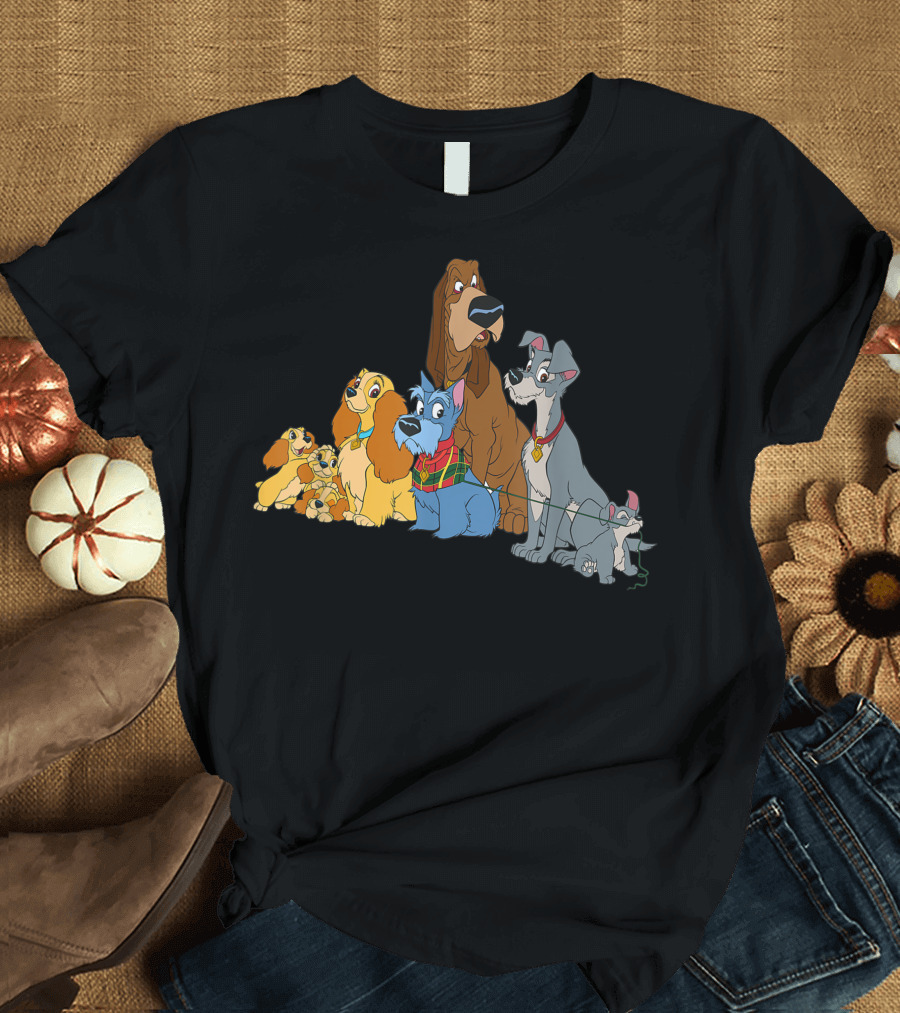 Disney Lady and the Tramp Classic Dog Characters Illustrated Group T-Shirt