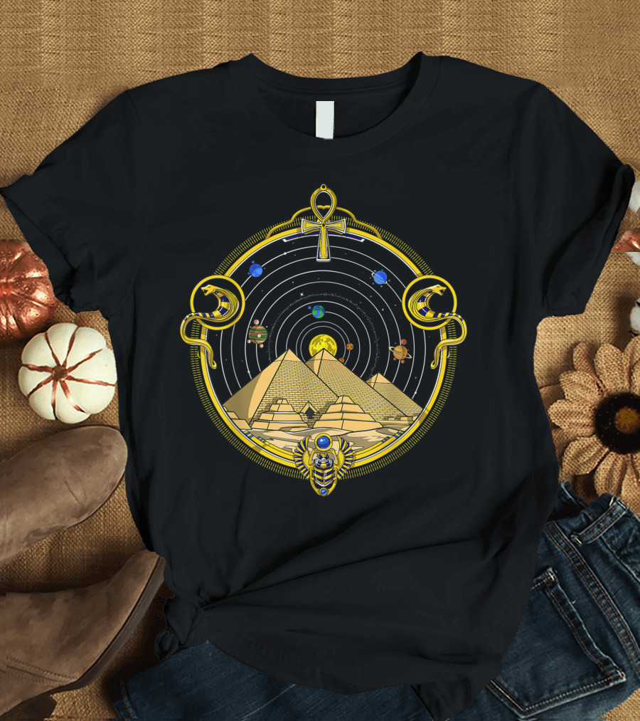 Egyptian Pyramids Ankh Symbol Eye Of Horus Sacred Geometry Cosmic Universe Planets Sphinx T-Shirt
