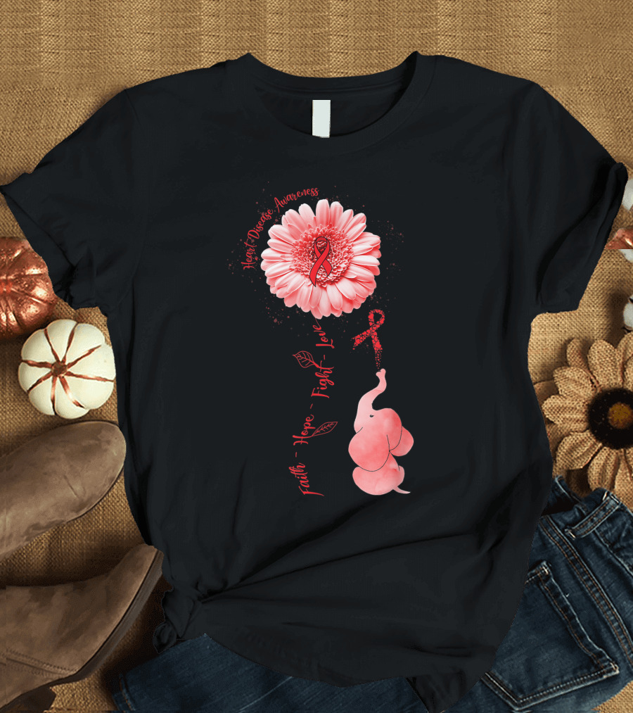Heart Disease Awareness Faith Hope Fight Love Elephant Flower T-Shirt