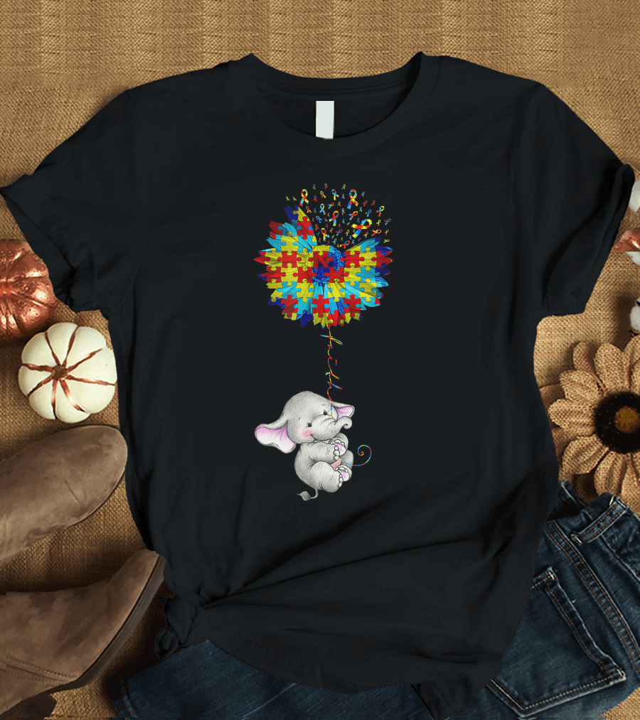 Faith Elephant Puzzle Pieces Sunflower Autism Awareness T-Shirt