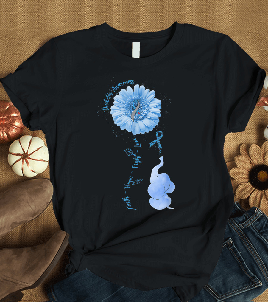 Faith Hope Fight Love Diabetes Awareness Sunflower Elephant T-Shirt