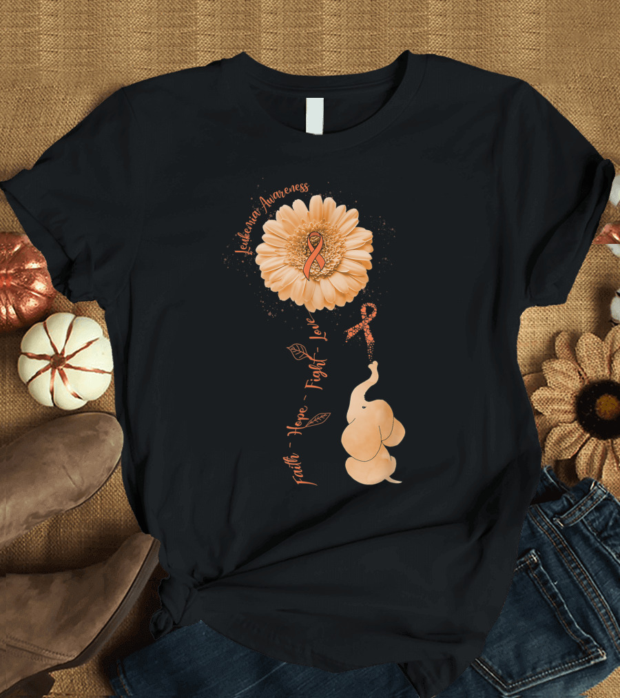 Leukemia Awareness Faith Hope Fight Love Elephant Sunflower T-Shirt