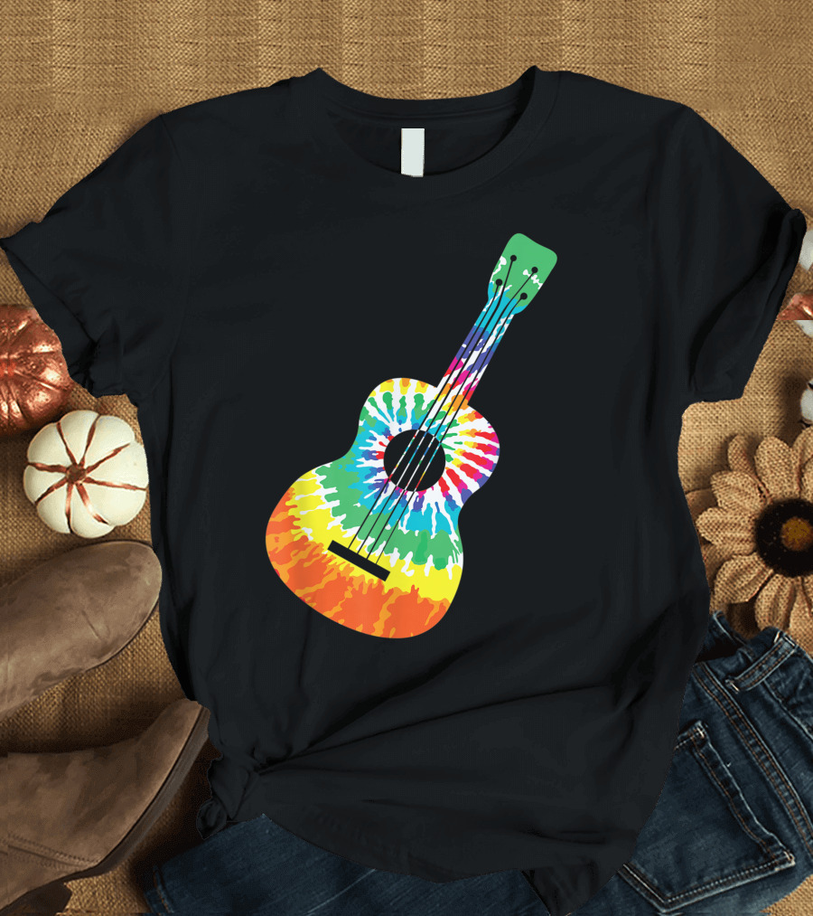 Fun Colorful Hippie Tie Dye Rainbow Acoustic Guitar T-Shirt
