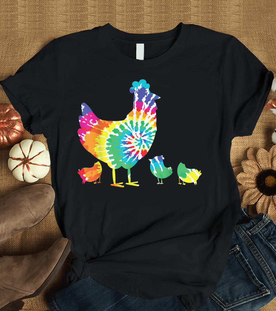 Hippie Tie Dye Rainbow Hen and Chicks Fun Vibes T-Shirt