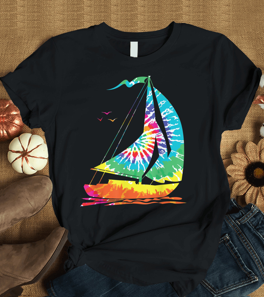 Hippie Rainbow Tie Dye Sailboat Fun Sailing Ocean View T-Shirt