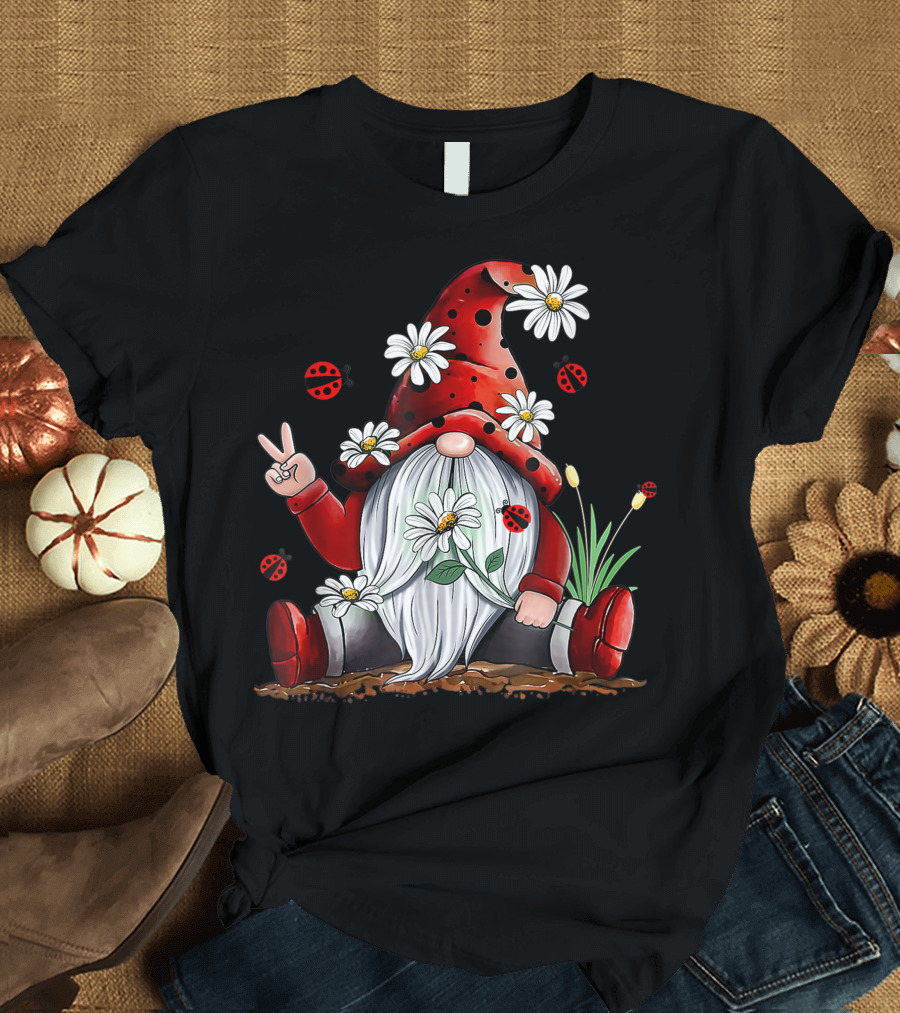 Gnome Hippie Peace Daisy Flower Leopard Ladybug T-Shirt