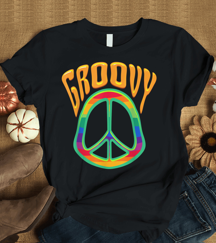 Groovy Rainbow Peace Sign Hippie 60s 70s Bohemian Love T-Shirt