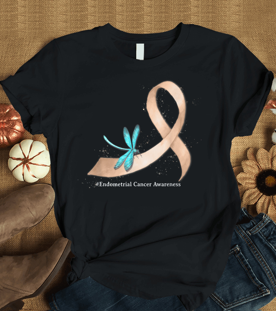 Endometrial Cancer Awareness Peach Ribbon Hippie Dragonfly T-Shirt