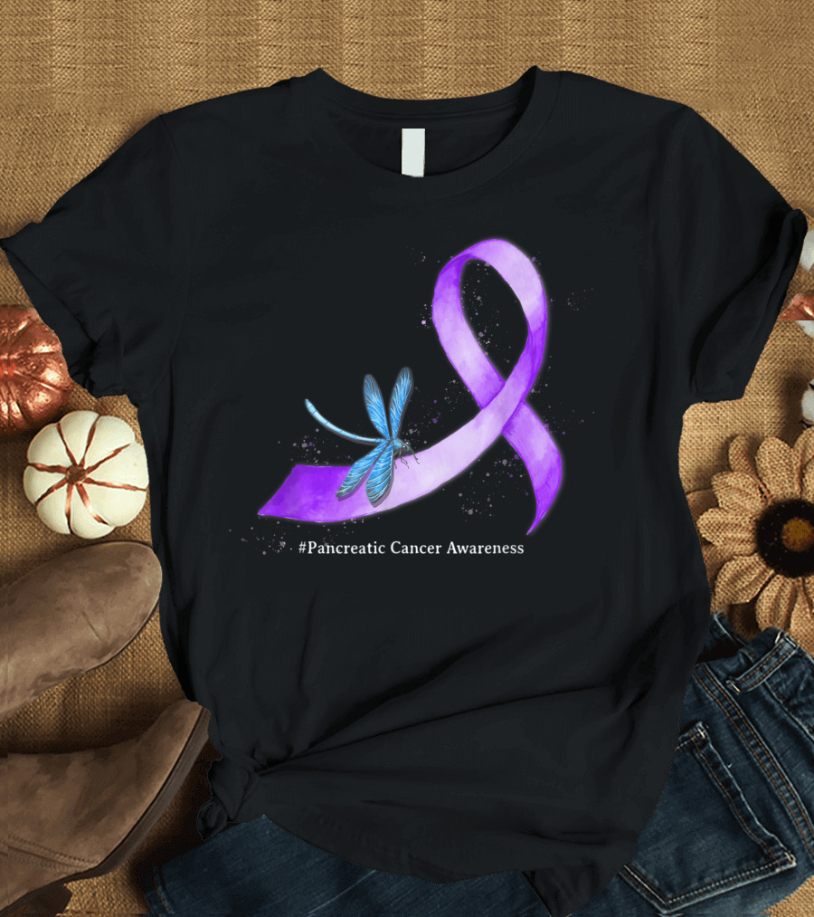 Pancreatic Cancer Awareness Purple Ribbon with Blue Dragonfly T-Shirt