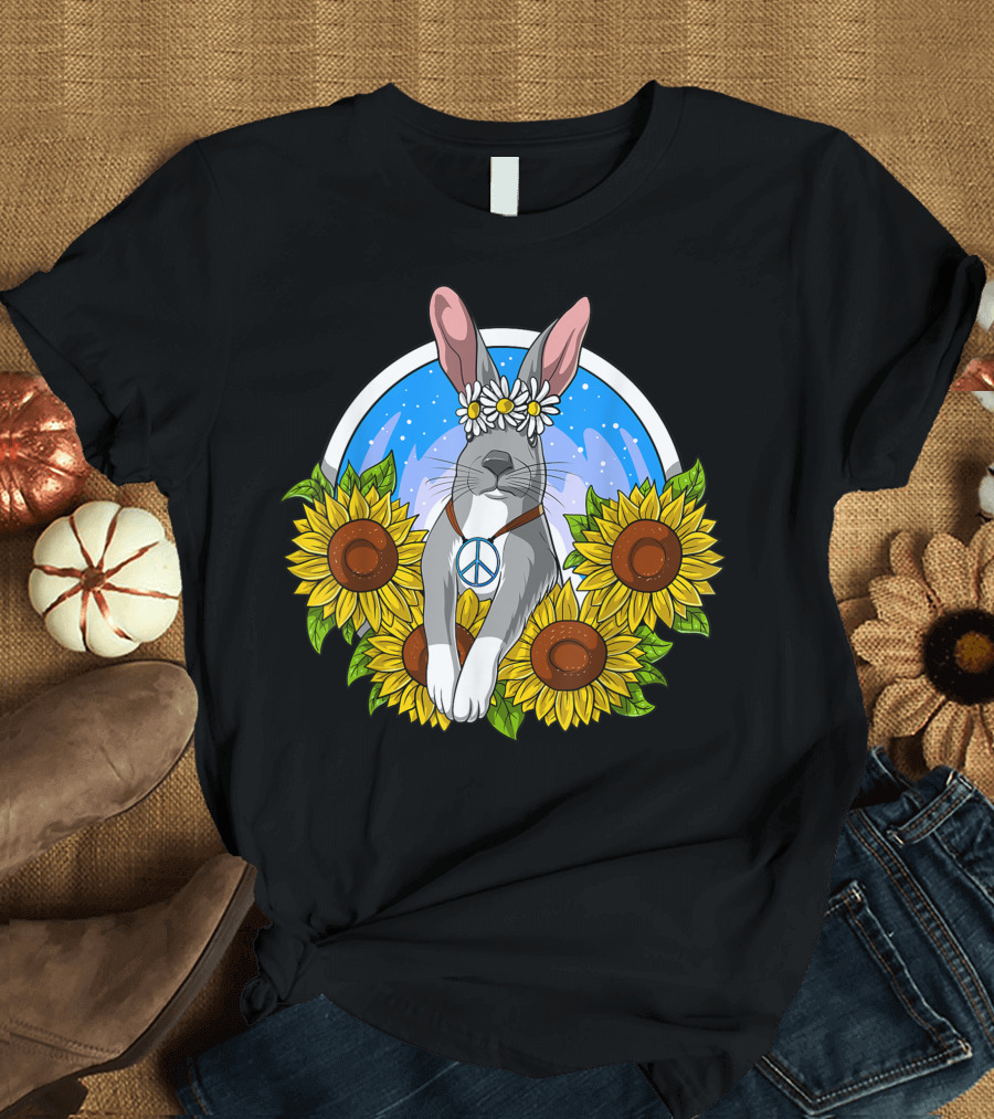 Hippie Rabbit Peace Symbol Sunflowers Bunny Forest T-Shirt