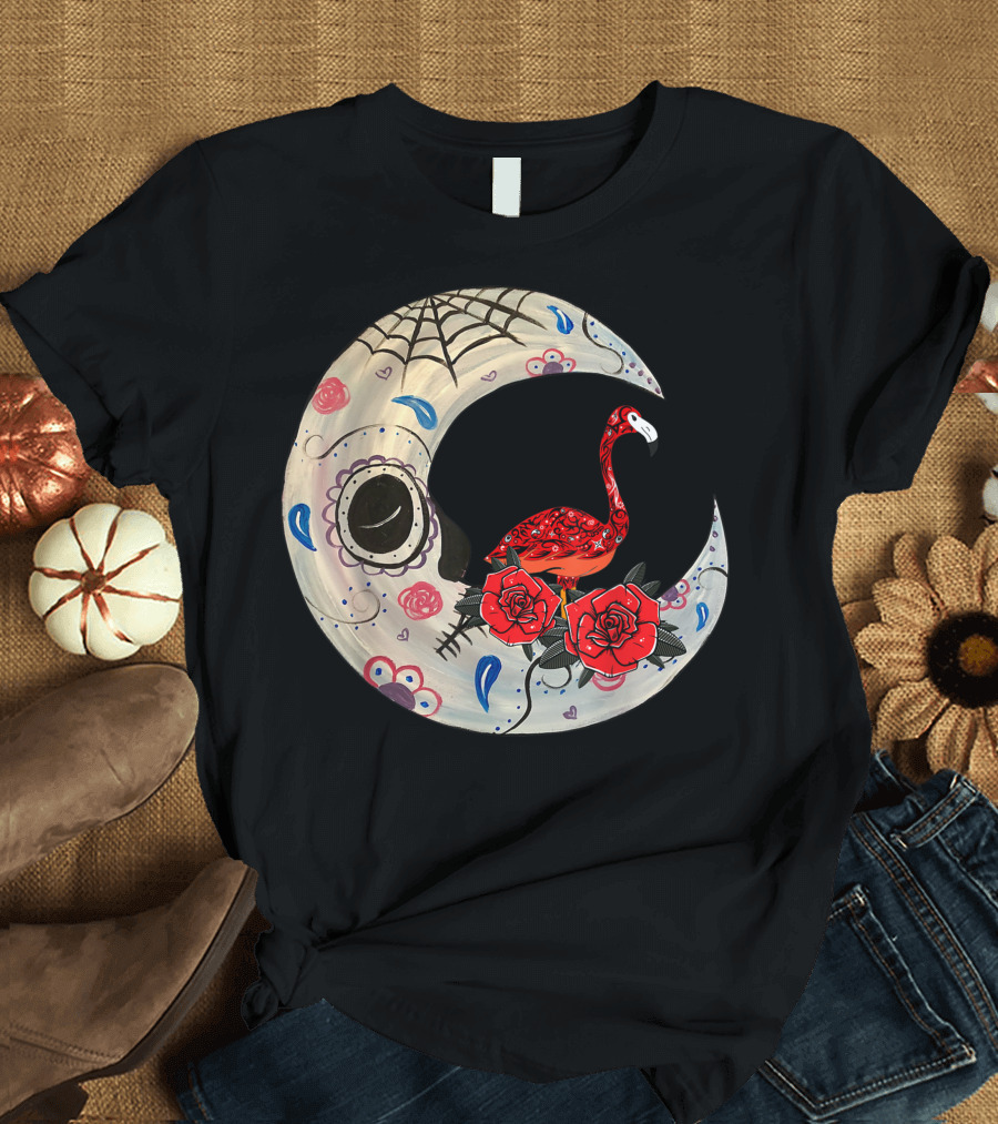 Hippie Sugar Skull Flamingo with Roses on Spooky Moon T-Shirt