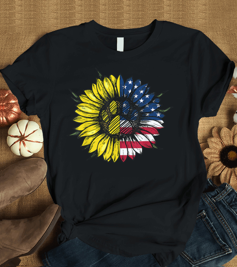 Hippie Sunflower American Flag Dog Paw 4th of July JD T-Shirt